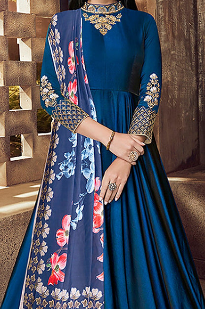 Mesmerising Blue Tafeta Silk Party Wear Anarkali Suit