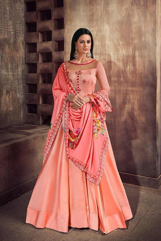 Lovely Peach Tafeta Silk Anarkali Party Wear Suit