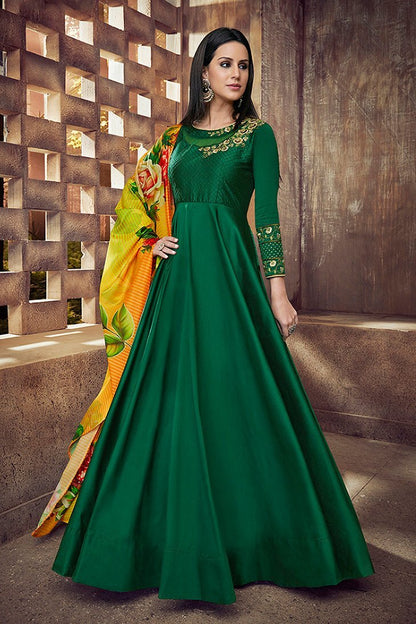 Lively Green Tafeta Silk Anarkali Party Wear Suit