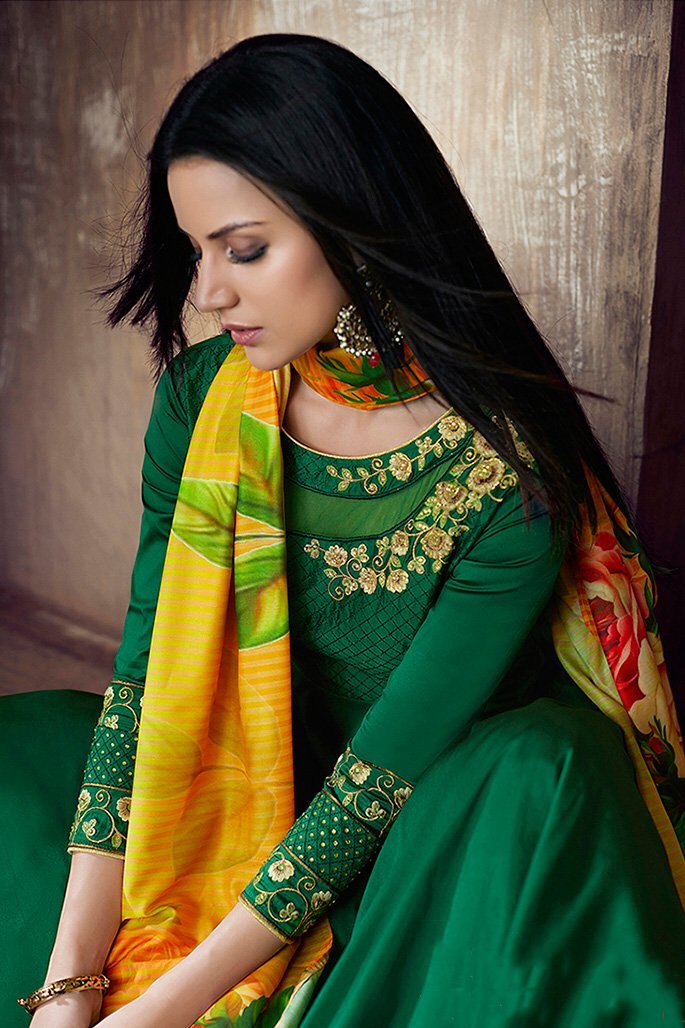Lively Green Tafeta Silk Anarkali Party Wear Suit