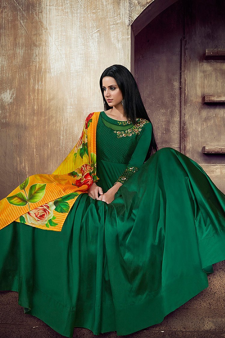 Lively Green Tafeta Silk Anarkali Party Wear Suit