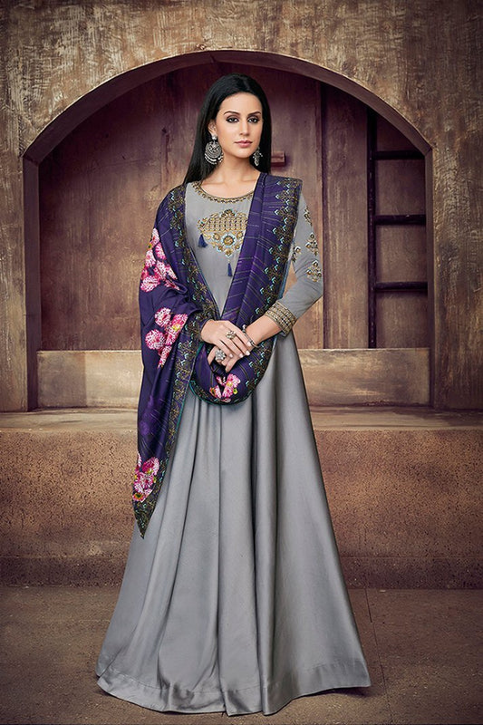 Cozy Gray Tafeta Silk Anarkali Party Wear Suit