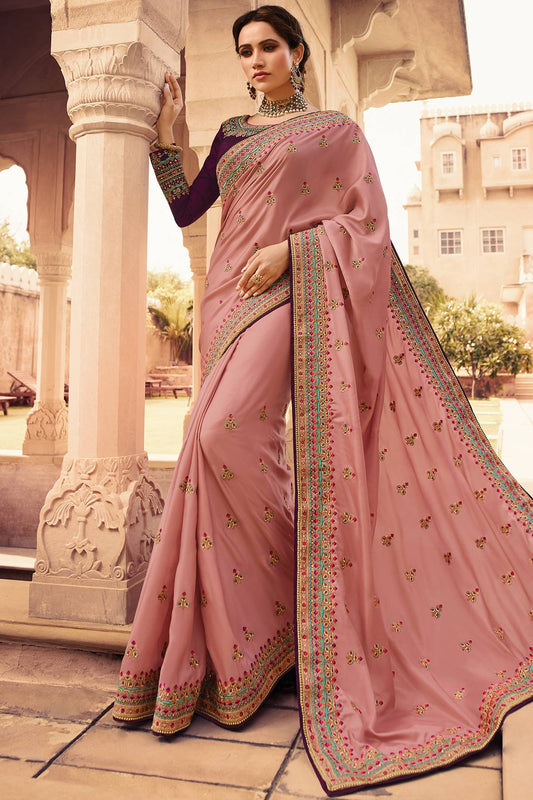 Salmon and Wine Designer Silk Sari