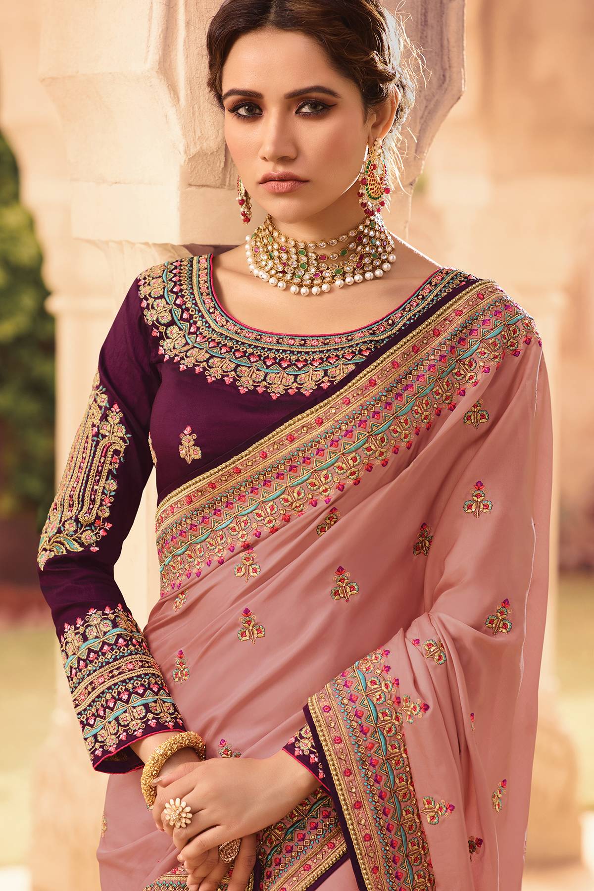 Salmon and Wine Designer Silk Sari