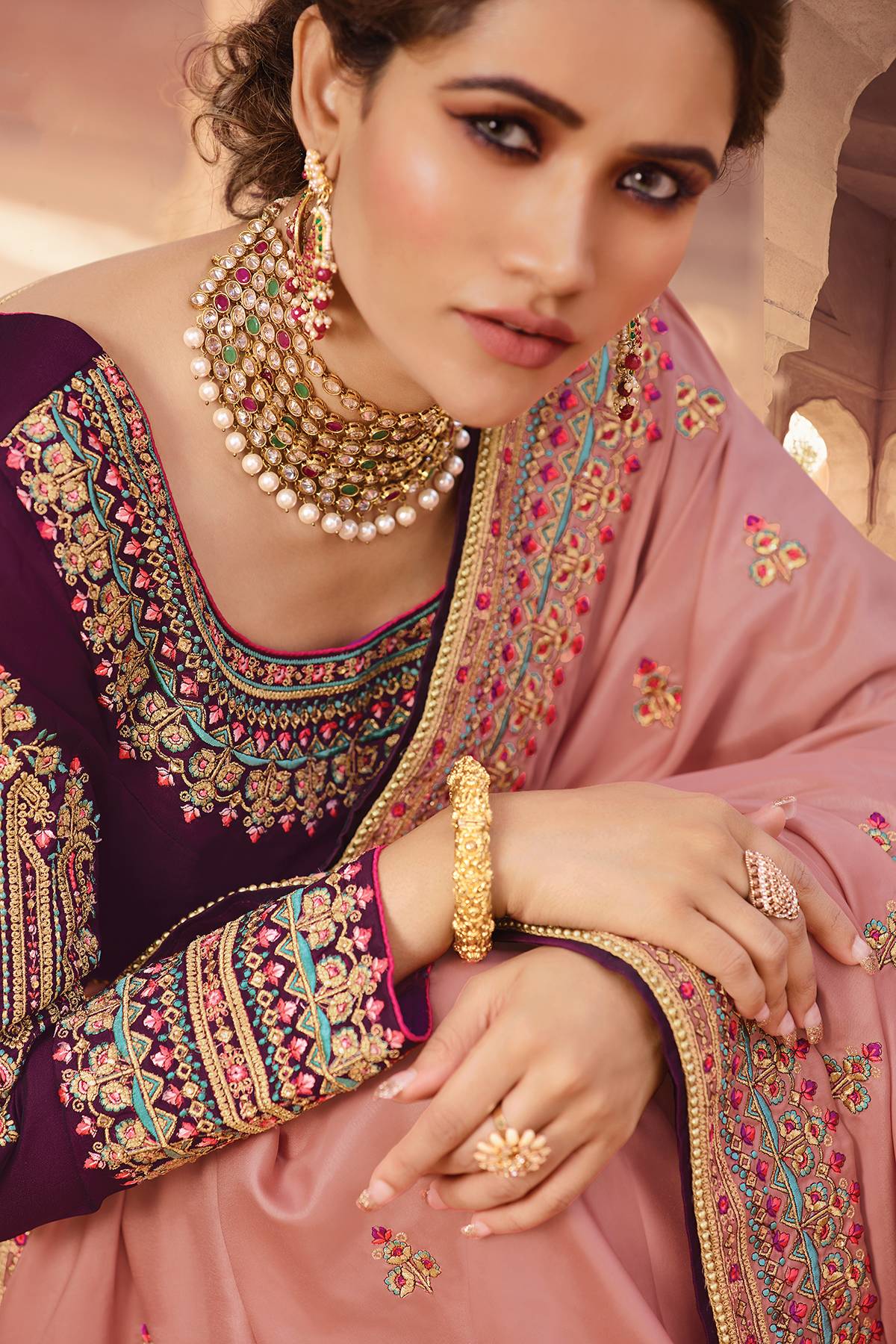 Salmon and Wine Designer Silk Sari