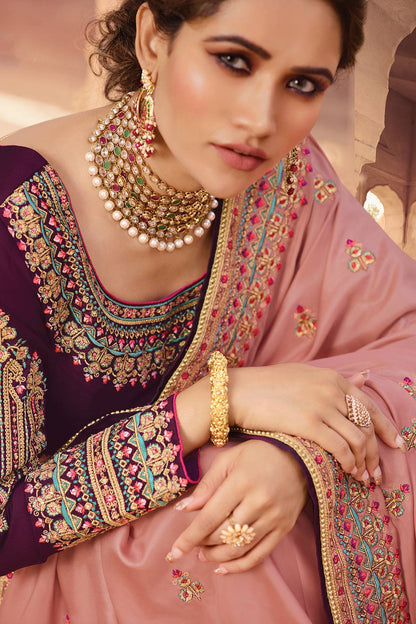 Salmon and Wine Designer Silk Sari