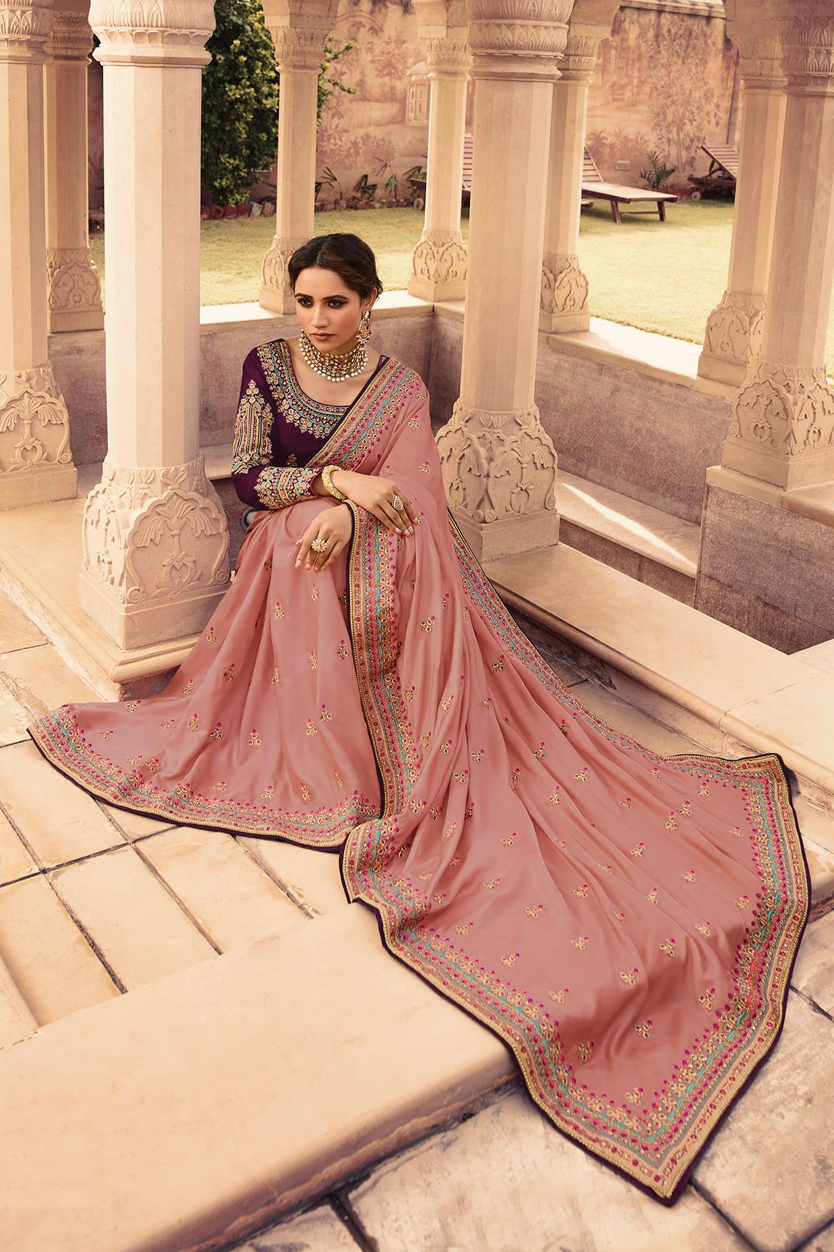 Salmon and Wine Designer Silk Sari