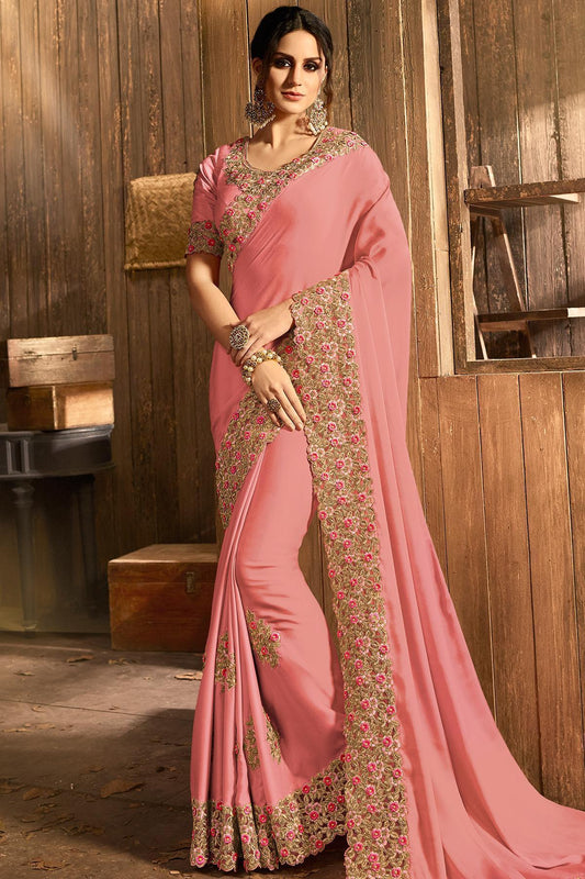Salmon Pink Designer Party Wear Silk Sari