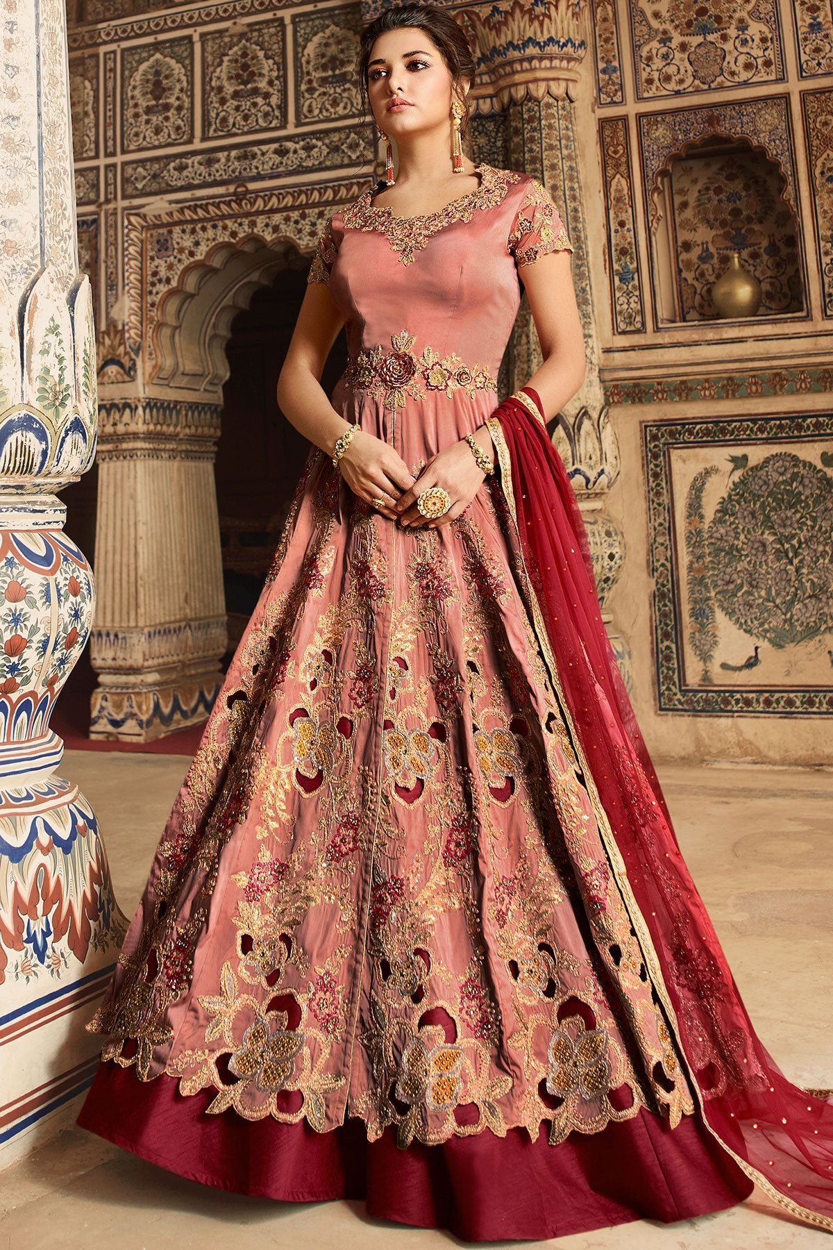 Peach and Maroon Party Wear Anarkali Suit
