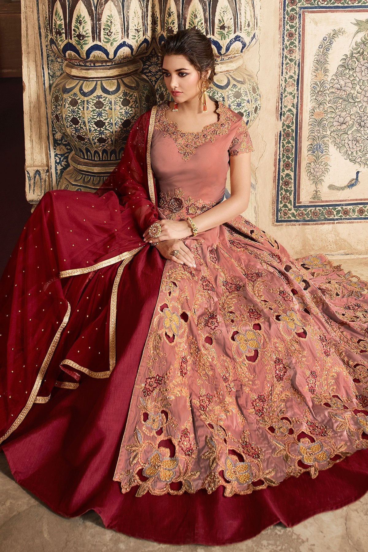 Peach and Maroon Party Wear Anarkali Suit