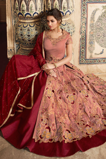 Peach and Maroon Party Wear Anarkali Suit