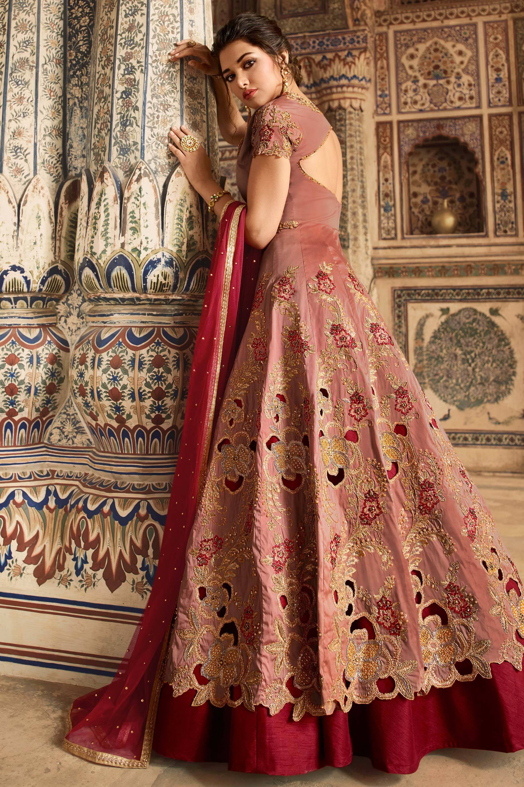 Peach and Maroon Party Wear Anarkali Suit