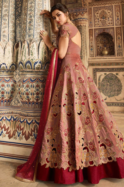 Peach and Maroon Party Wear Anarkali Suit