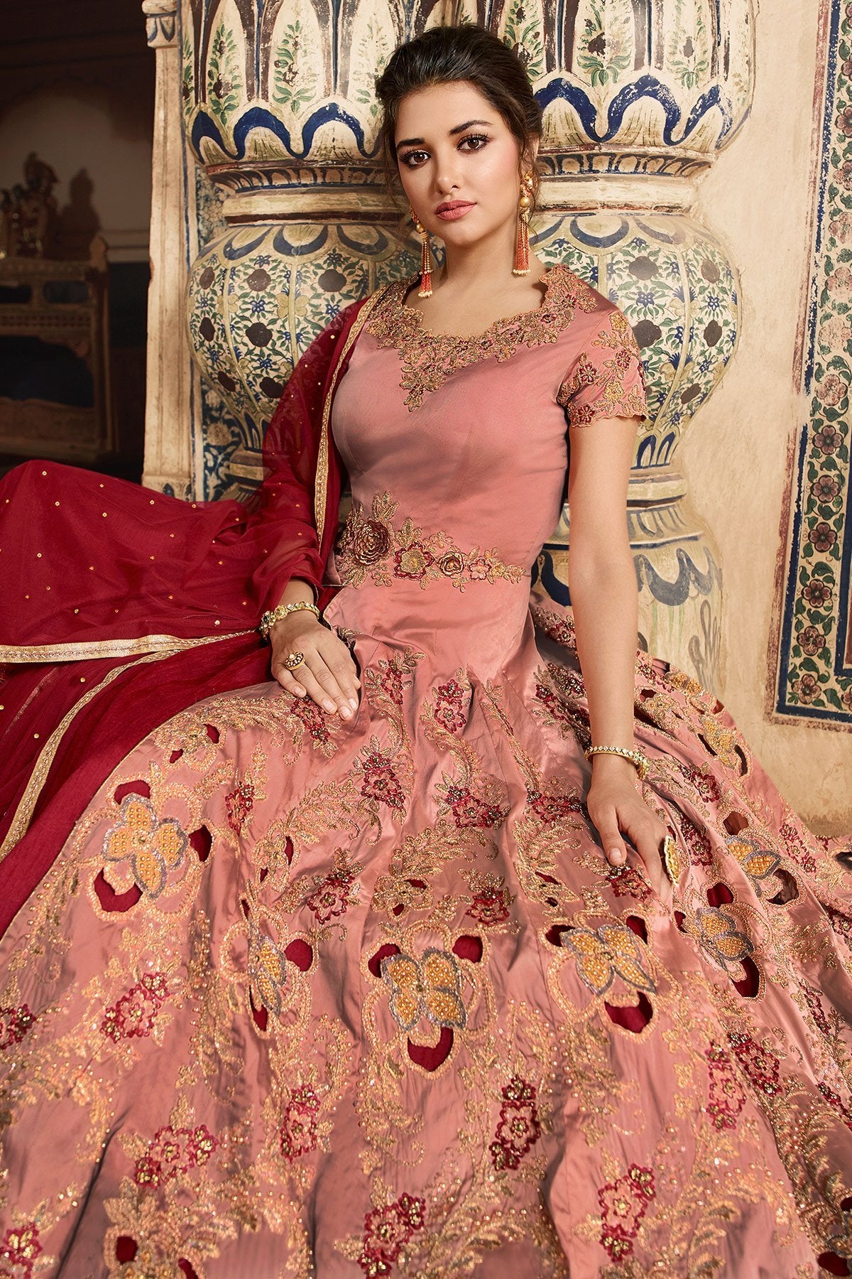 Peach and Maroon Party Wear Anarkali Suit