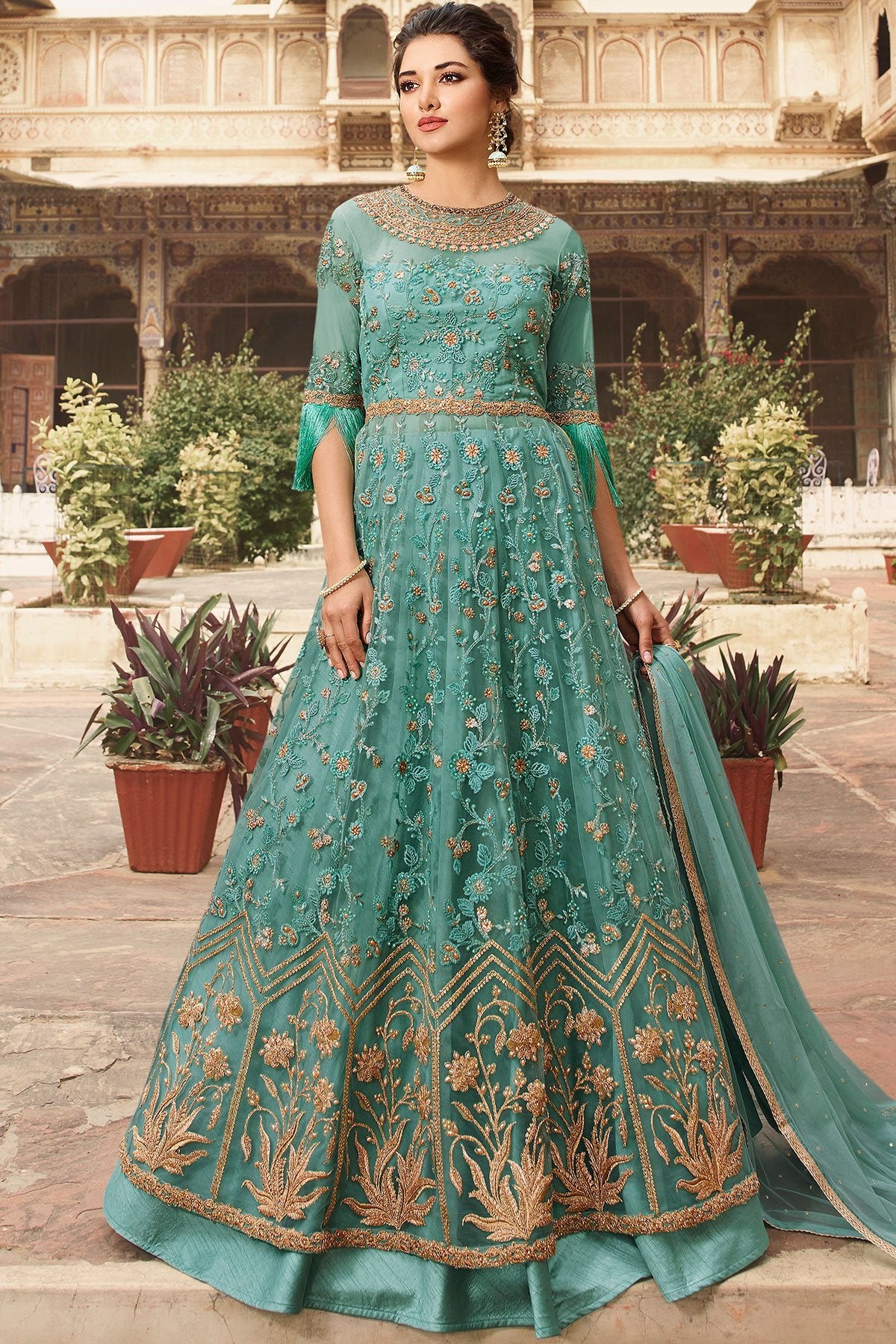 Sea Blue Net Party Wear Anarkali Suit