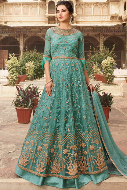 Sea Blue Net Party Wear Anarkali Suit