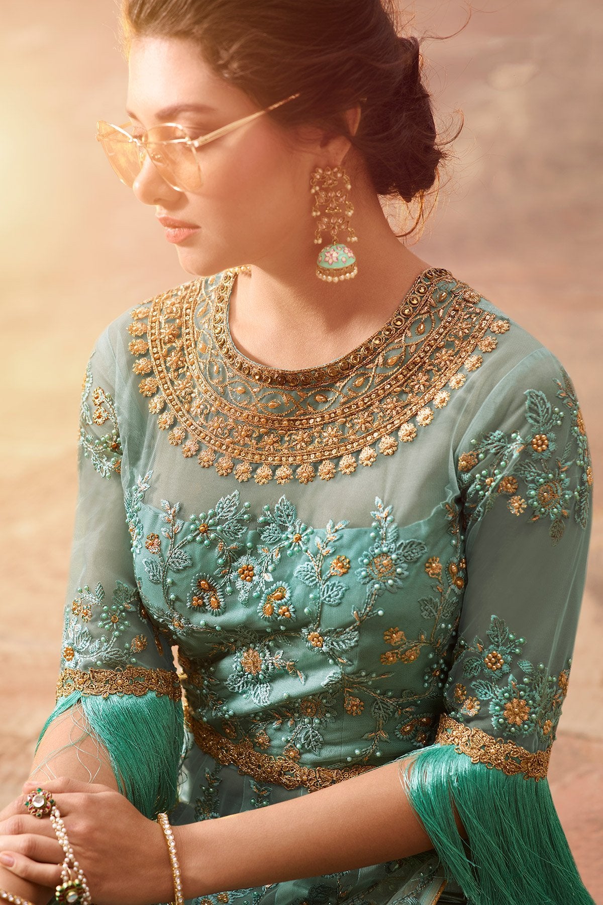 Sea Blue Net Party Wear Anarkali Suit