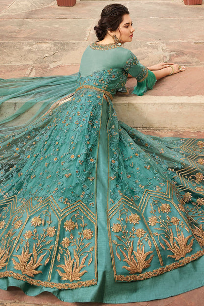 Sea Blue Net Party Wear Anarkali Suit