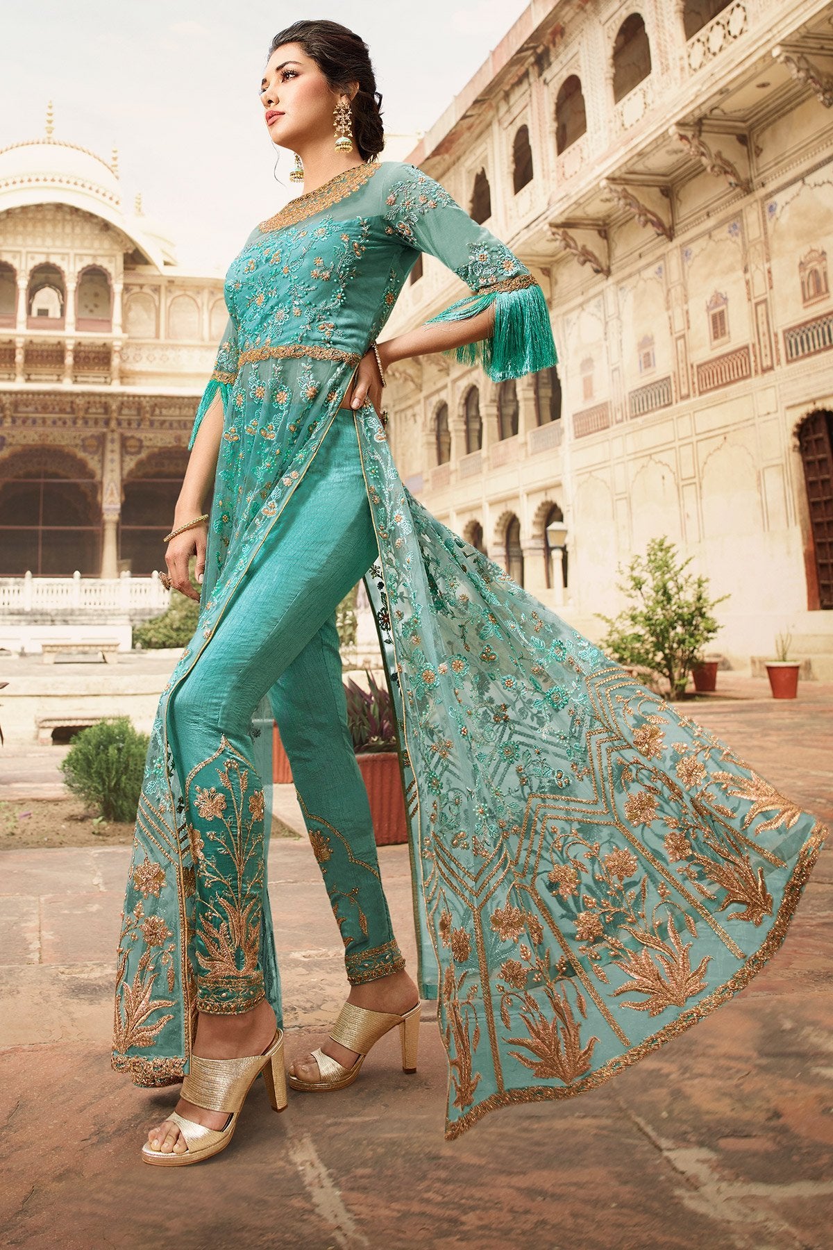Sea Blue Net Party Wear Anarkali Suit