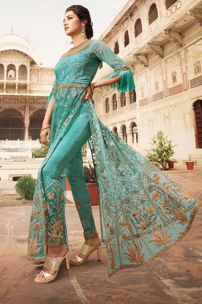 Sea Blue Net Party Wear Anarkali Suit
