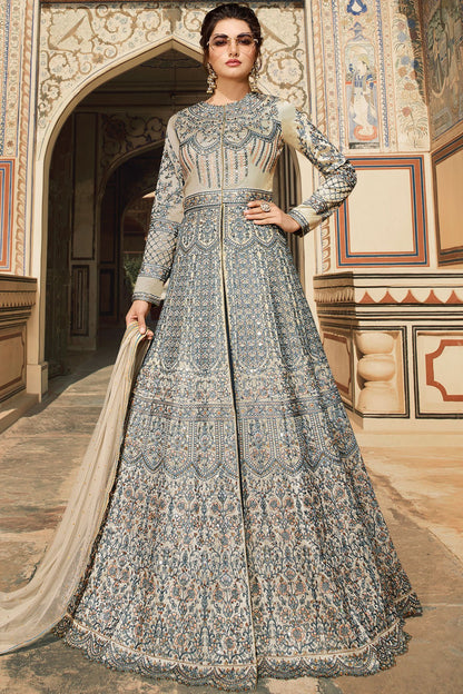 Grey Taffeta Party Wear Anarkali Suit