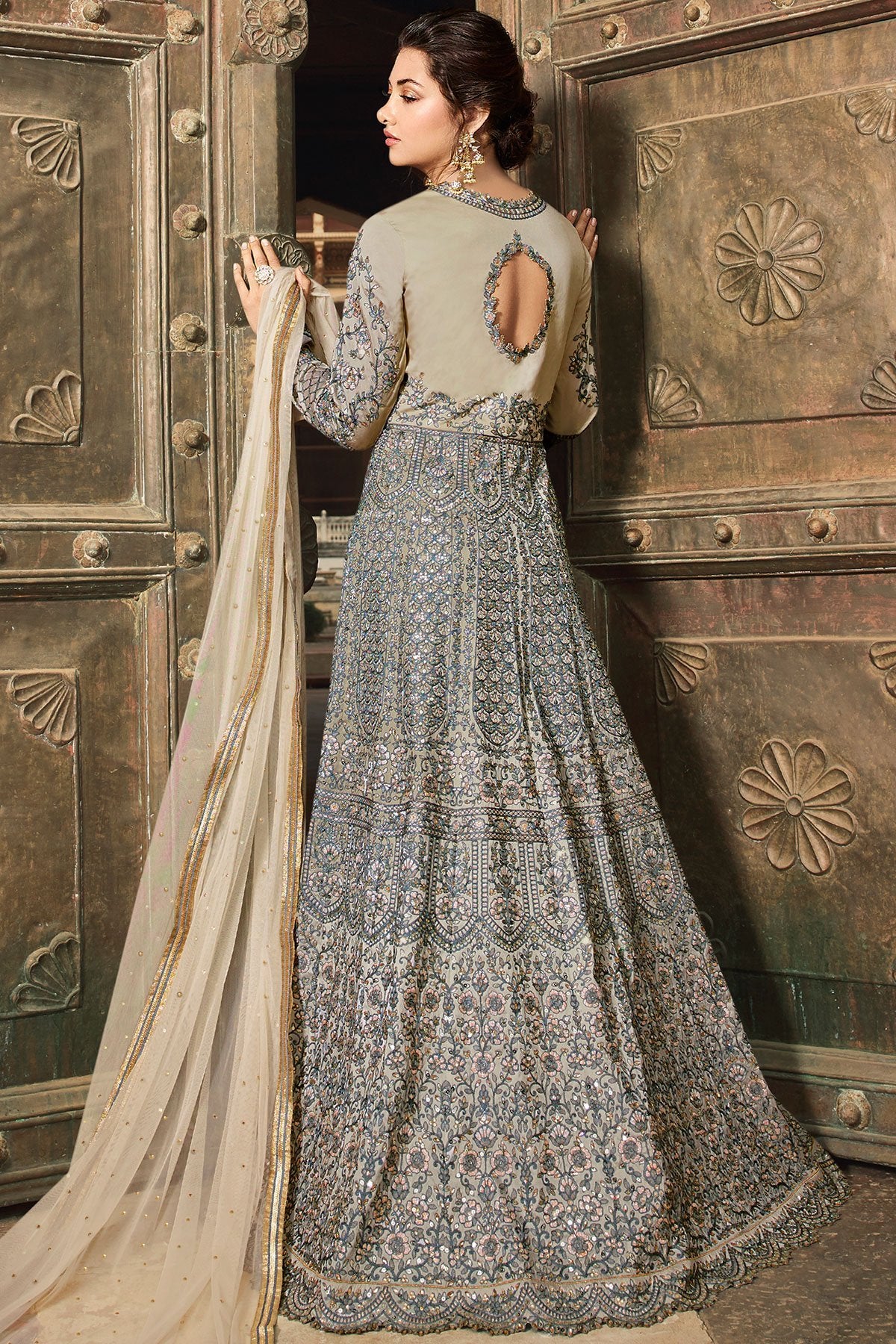 Grey Taffeta Party Wear Anarkali Suit