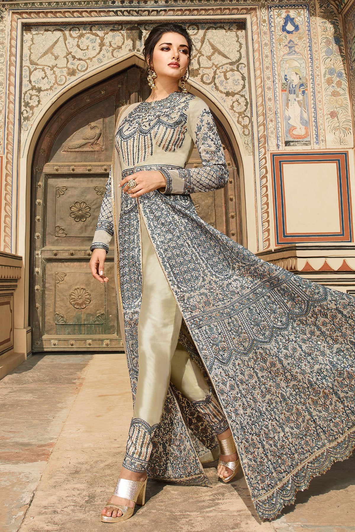 Grey Taffeta Party Wear Anarkali Suit