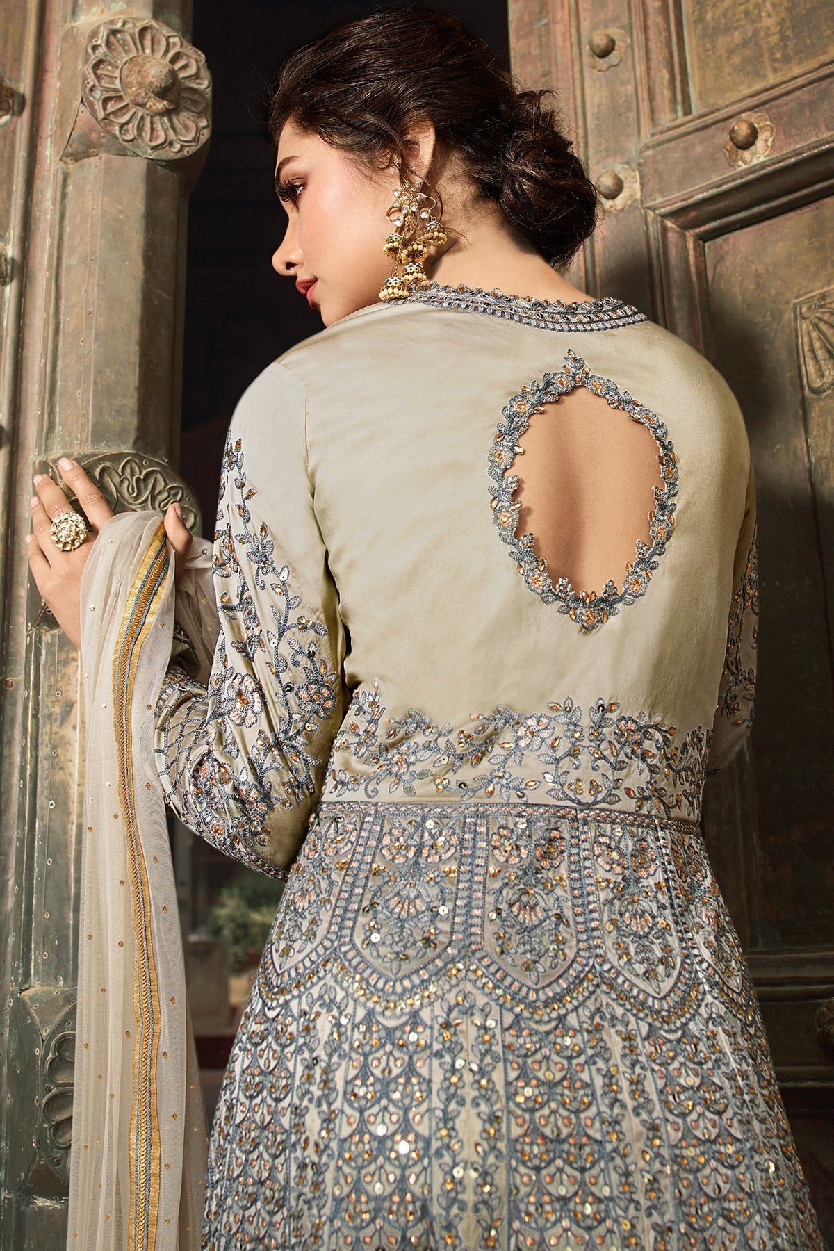 Grey Taffeta Party Wear Anarkali Suit