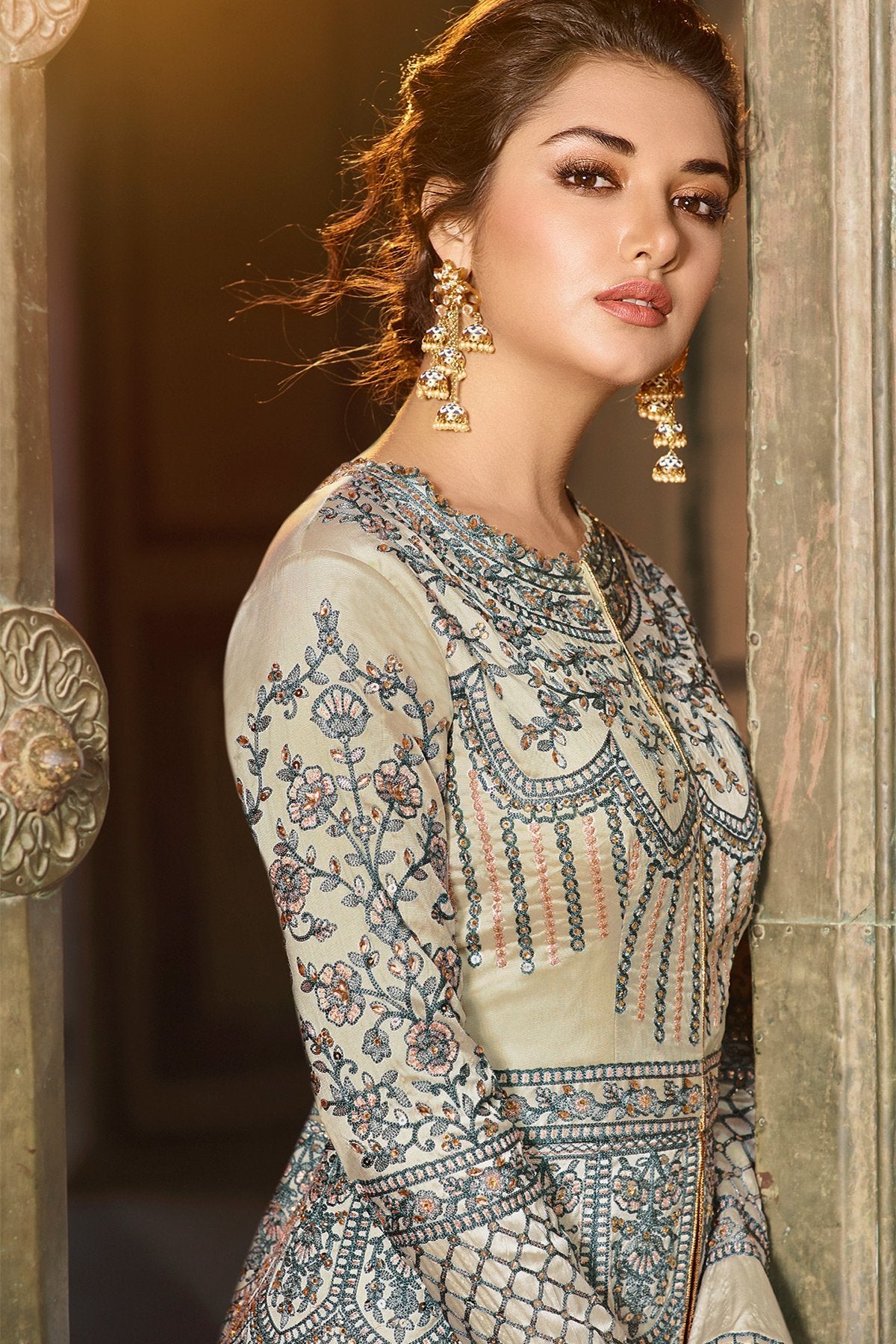 Grey Taffeta Party Wear Anarkali Suit