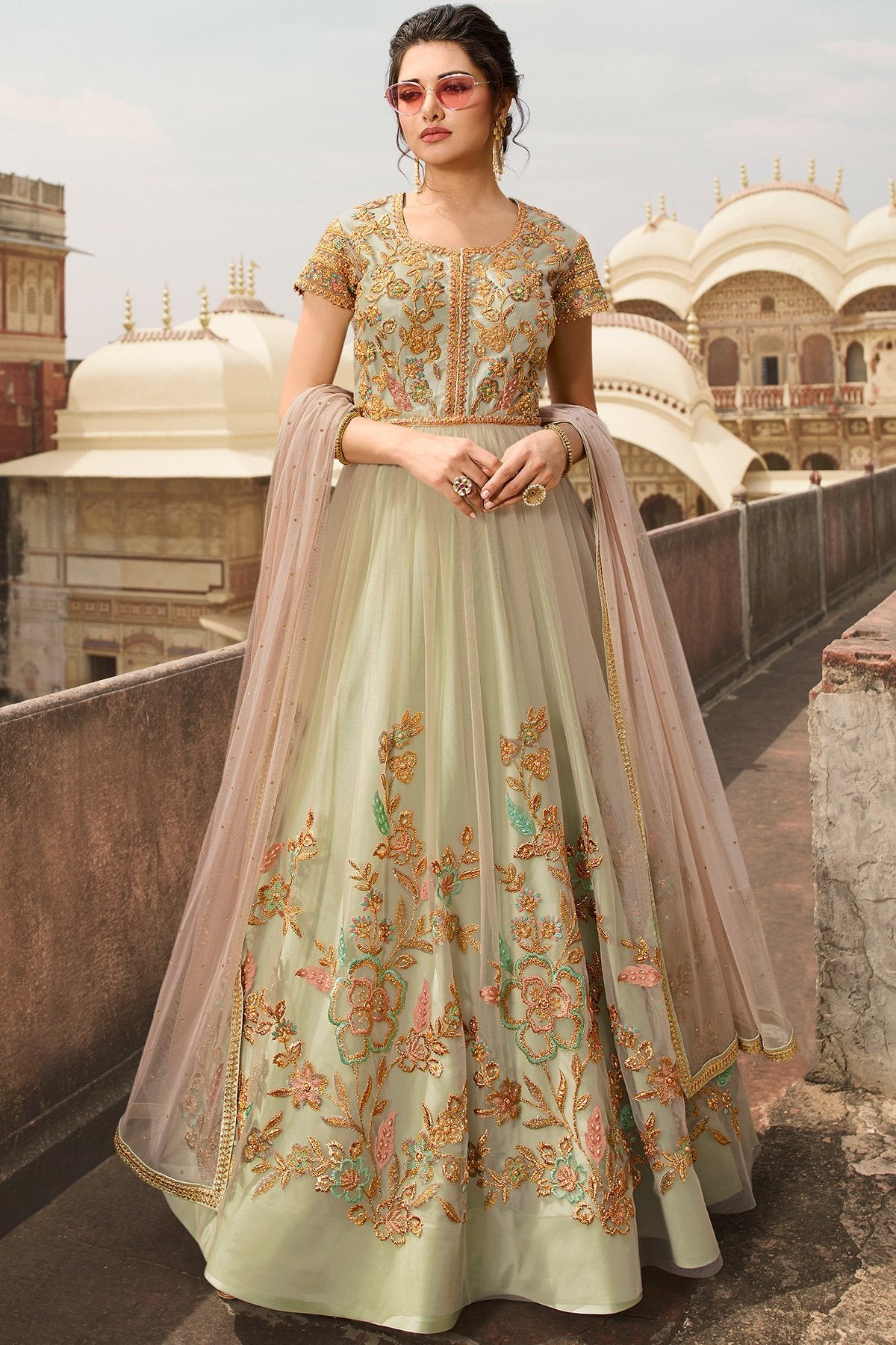 Peach and Green Party Wear Anarkali Suit
