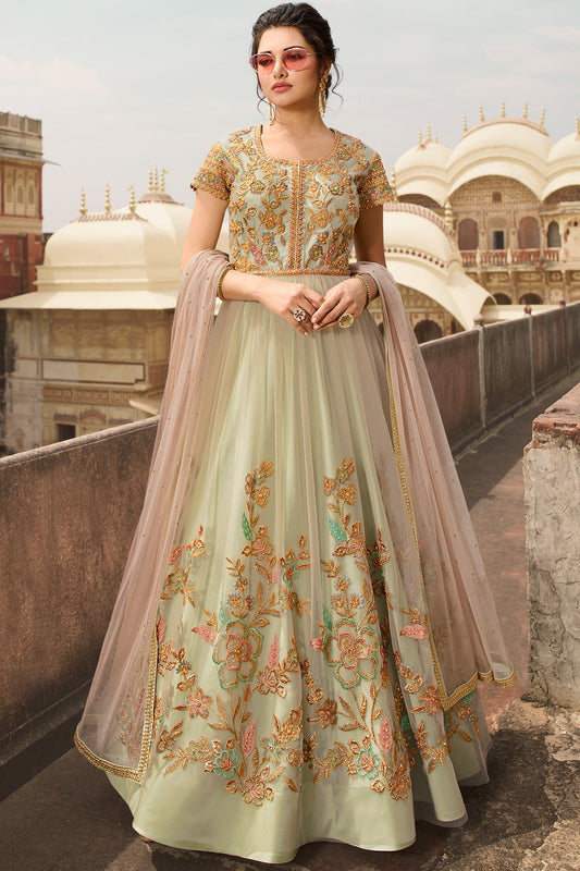 Peach and Green Party Wear Anarkali Suit
