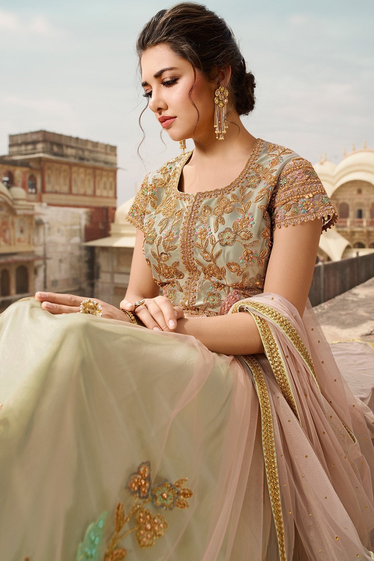 Peach and Green Party Wear Anarkali Suit