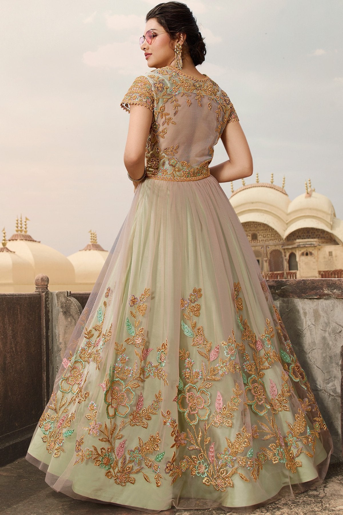 Peach and Green Party Wear Anarkali Suit