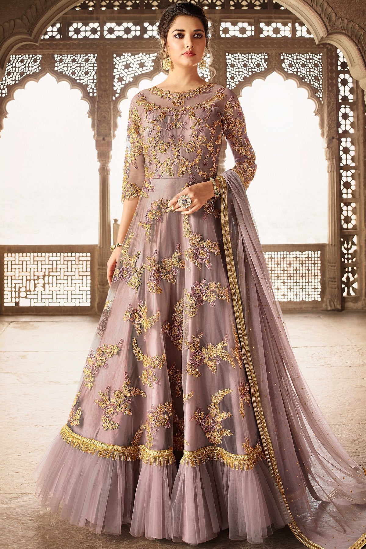 Dusty Mauve Net Party Wear Anarkali Suit