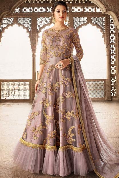 Dusty Mauve Net Party Wear Anarkali Suit