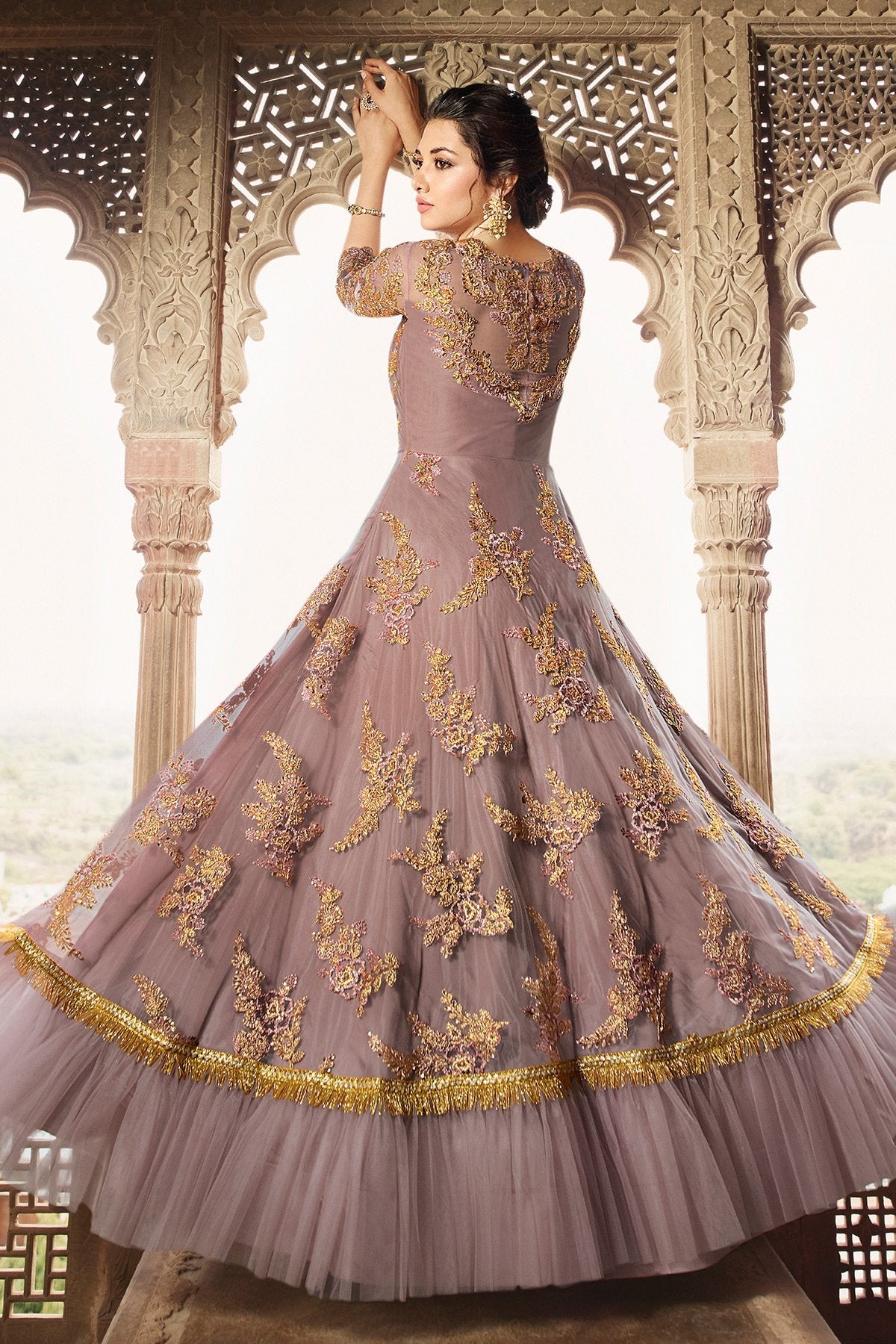 Dusty Mauve Net Party Wear Anarkali Suit
