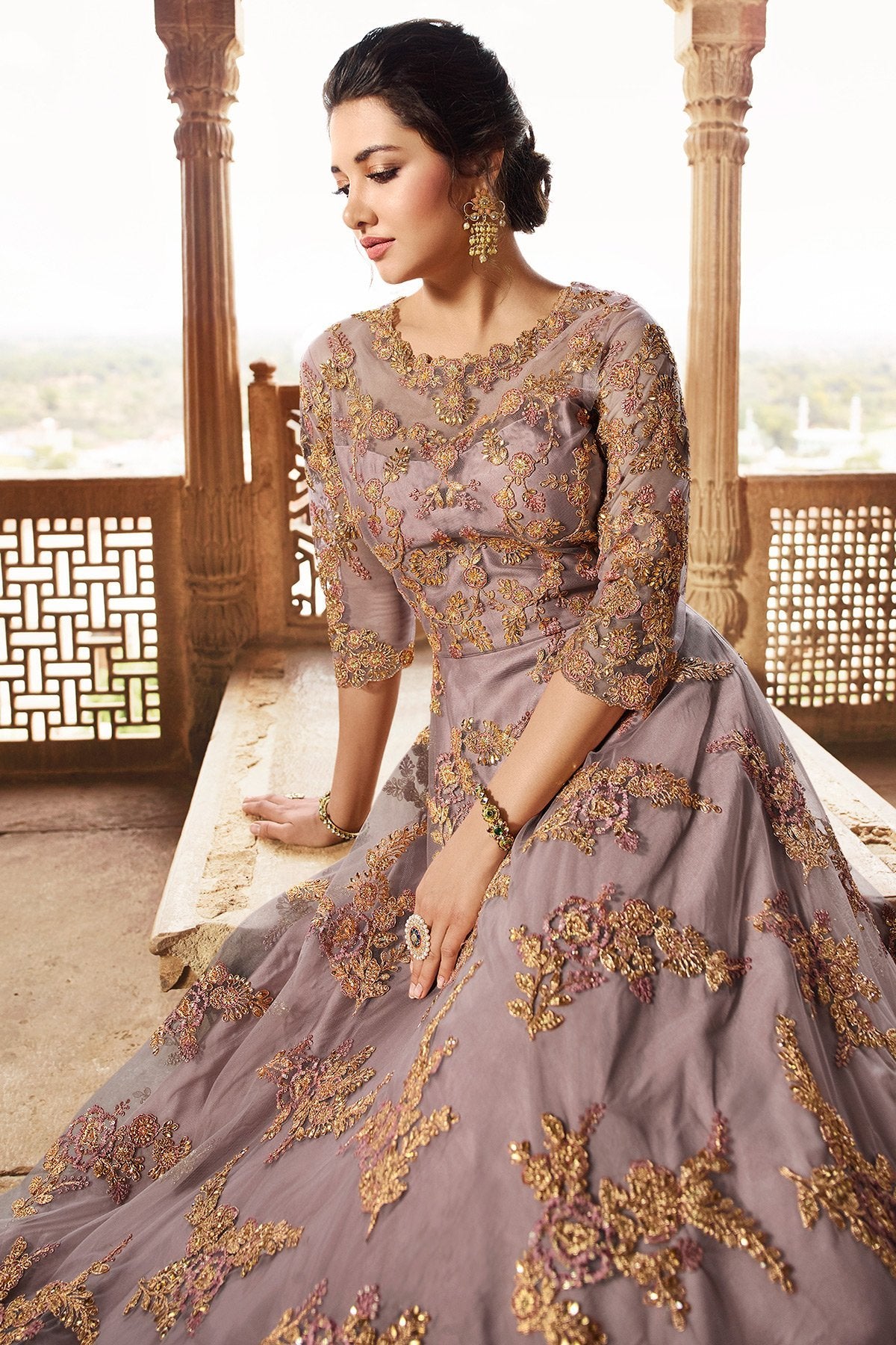 Dusty Mauve Net Party Wear Anarkali Suit