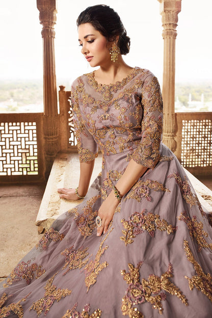 Dusty Mauve Net Party Wear Anarkali Suit
