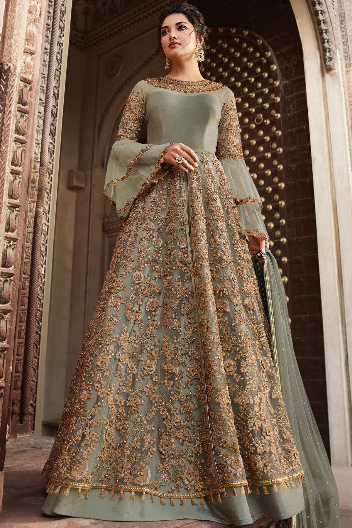 Glamorous Pista Green party wear Anarkali suit