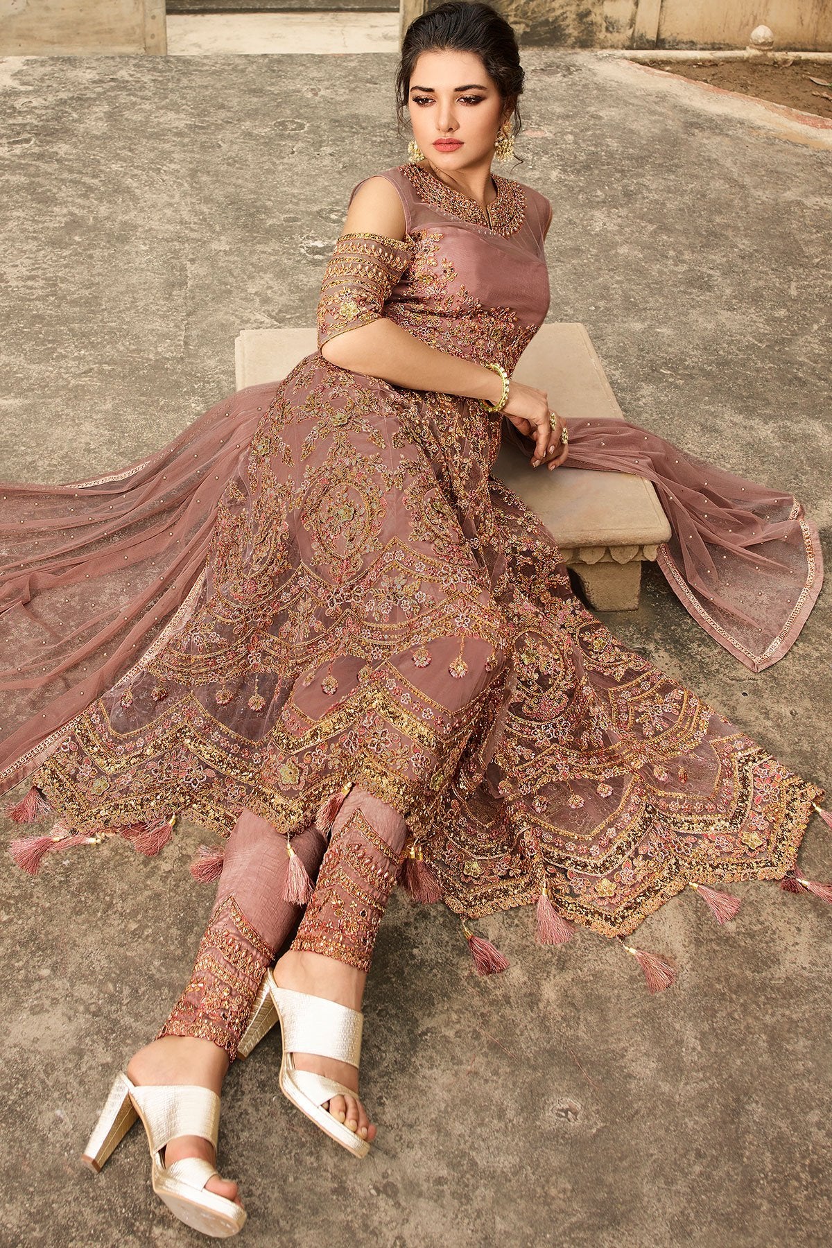 stunning Dark Beige party wear Anarkali suit