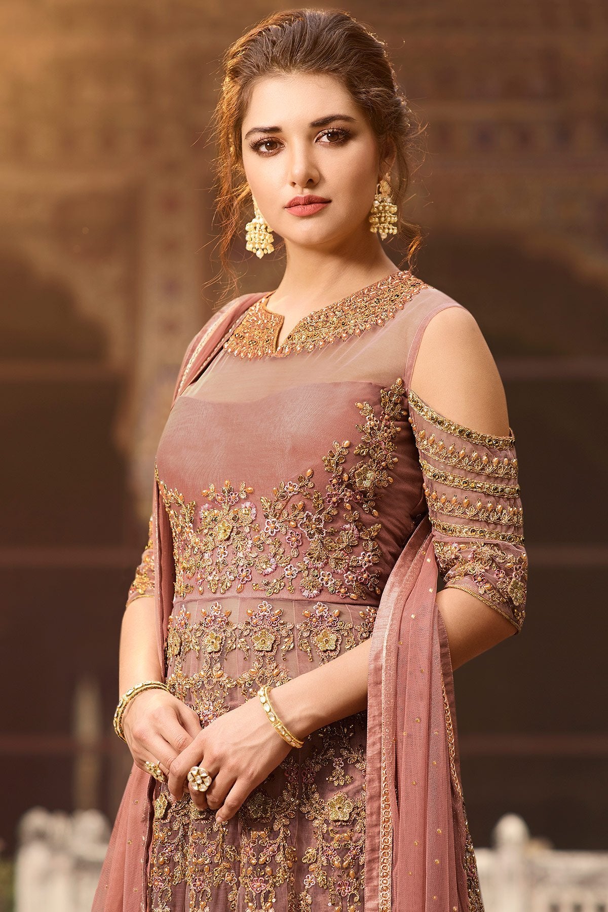 stunning Dark Beige party wear Anarkali suit