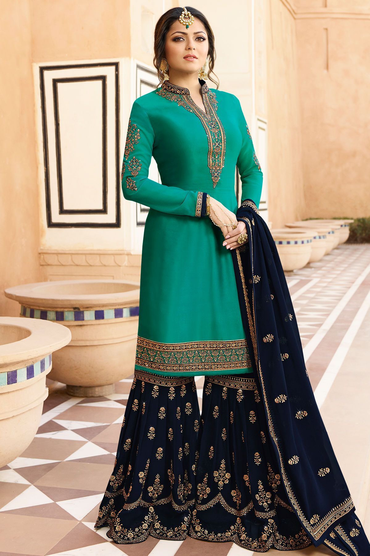 Sapphire and Azure Blue Embroidered Sharara Suit
