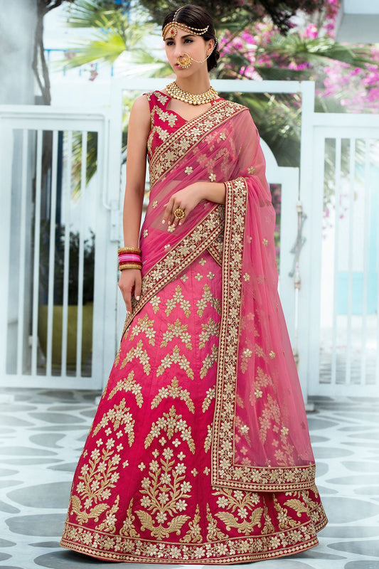 Pink colored Lehenga with Red Blouse in pure heritage Silk
