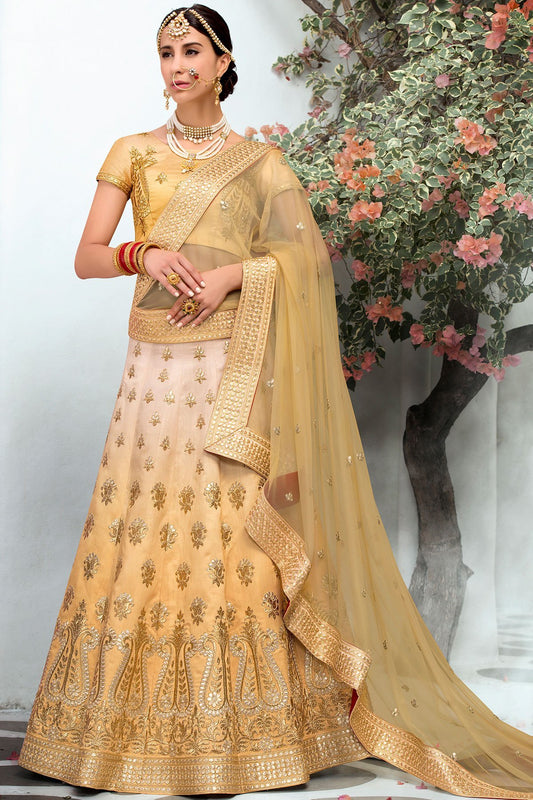 Brilliant Yellow colored Lehenga set in pure heritage Silk