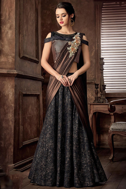 Nice looking floral Black Lehenga Set with Brown Dupatta