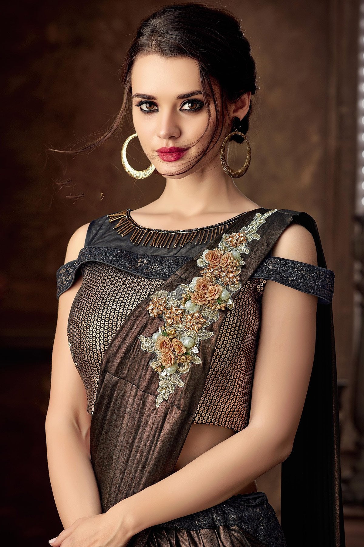 Nice looking floral Black Lehenga Set with Brown Dupatta