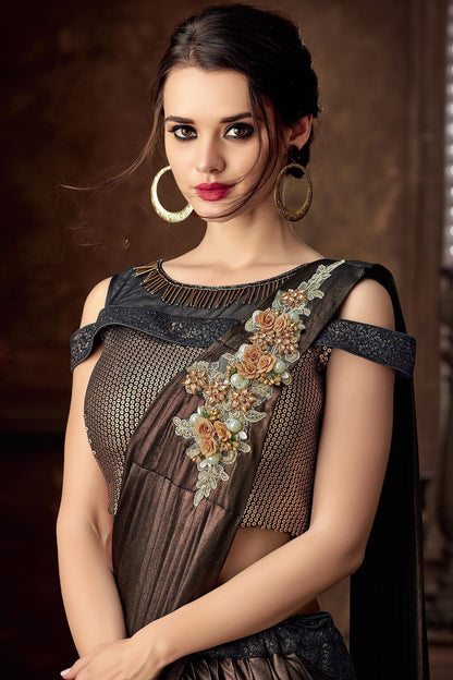 Nice looking floral Black Lehenga Set with Brown Dupatta