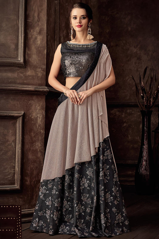 Grey Lehenga Set in floral design with dull-Pink Dupatta