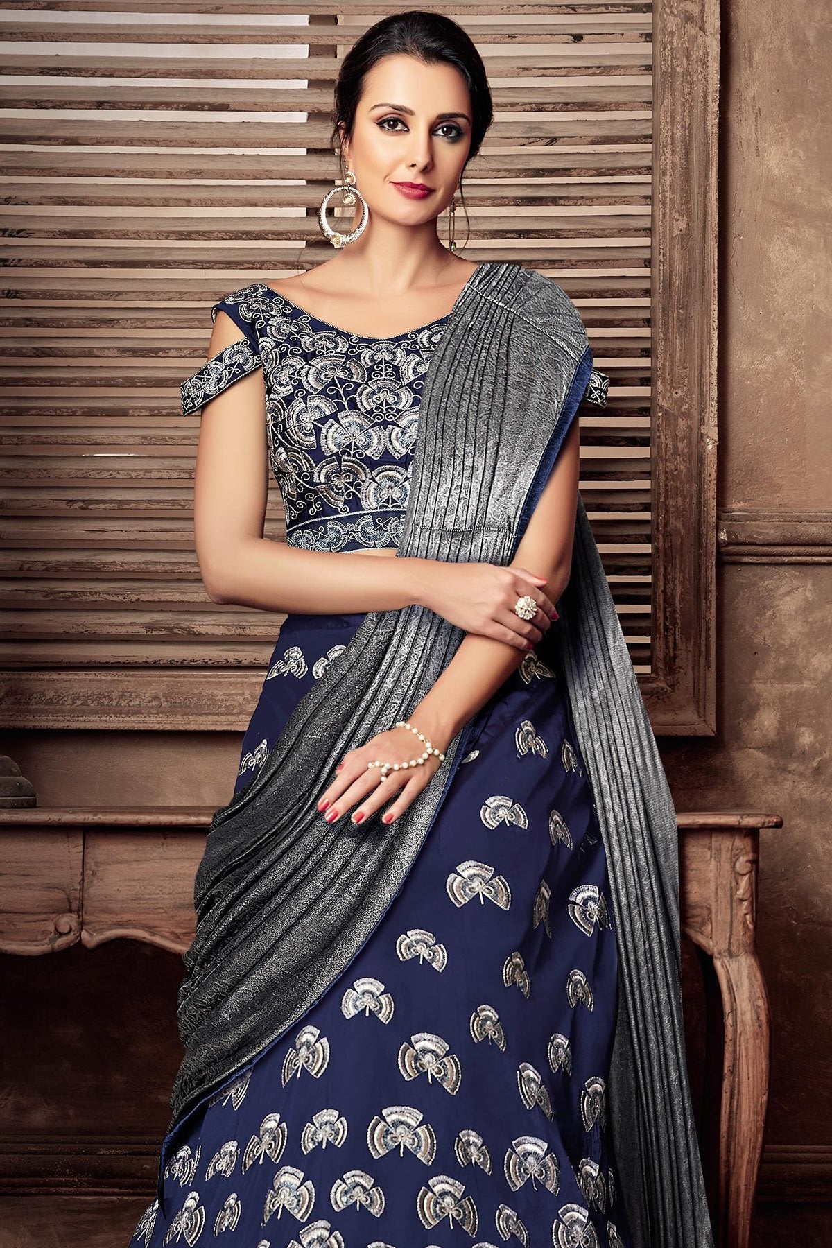 Blue Lehenga Set with Grey Dupatta
