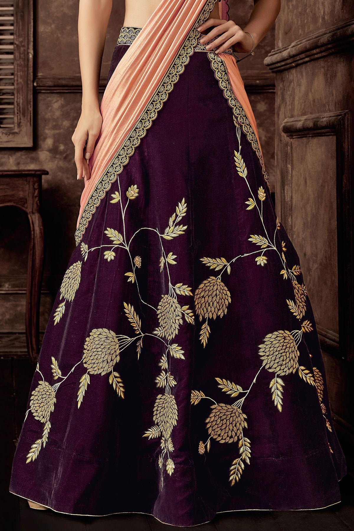 Purple Lehenga Set with Lycra Peach Dupatta